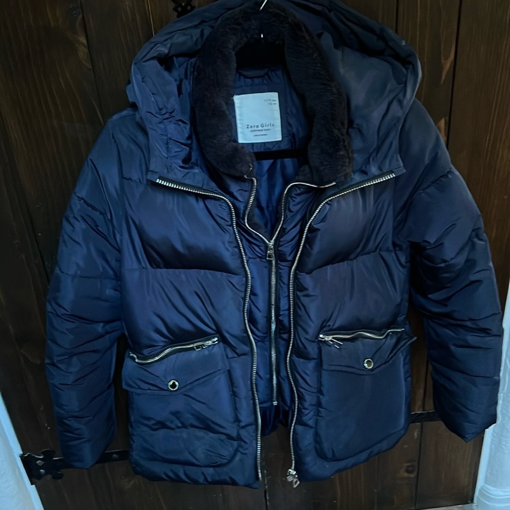 Zara girls down double zip faux fur jacket coat size 11/12 cute like new